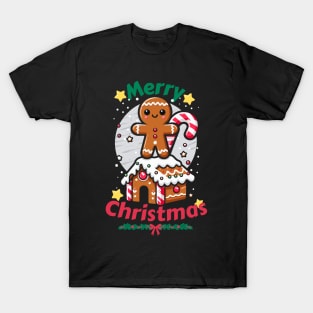 Gingerbread Man with Candy Cane on Gingerbread House. T-Shirt